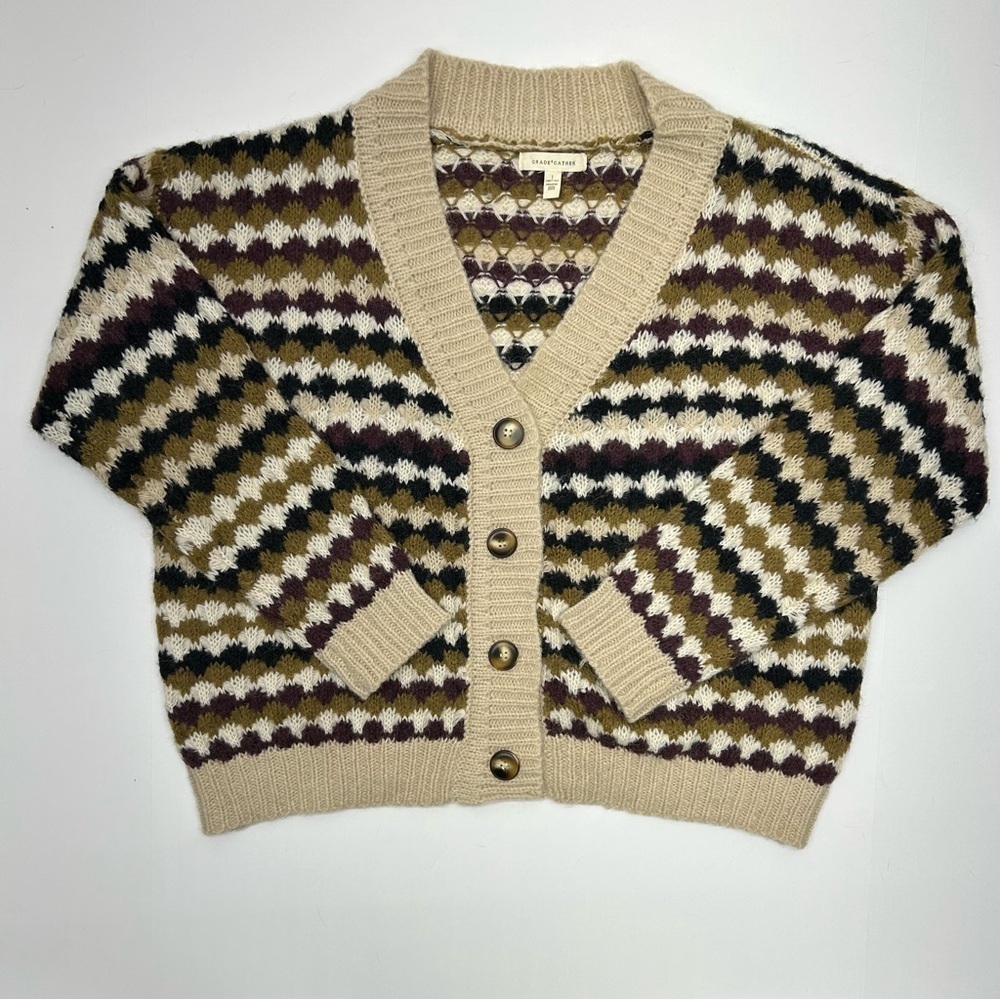 GRADE & GATHER Women’s Wool Blend Cardigan Sweater S Brown Burgundy Tan Black
